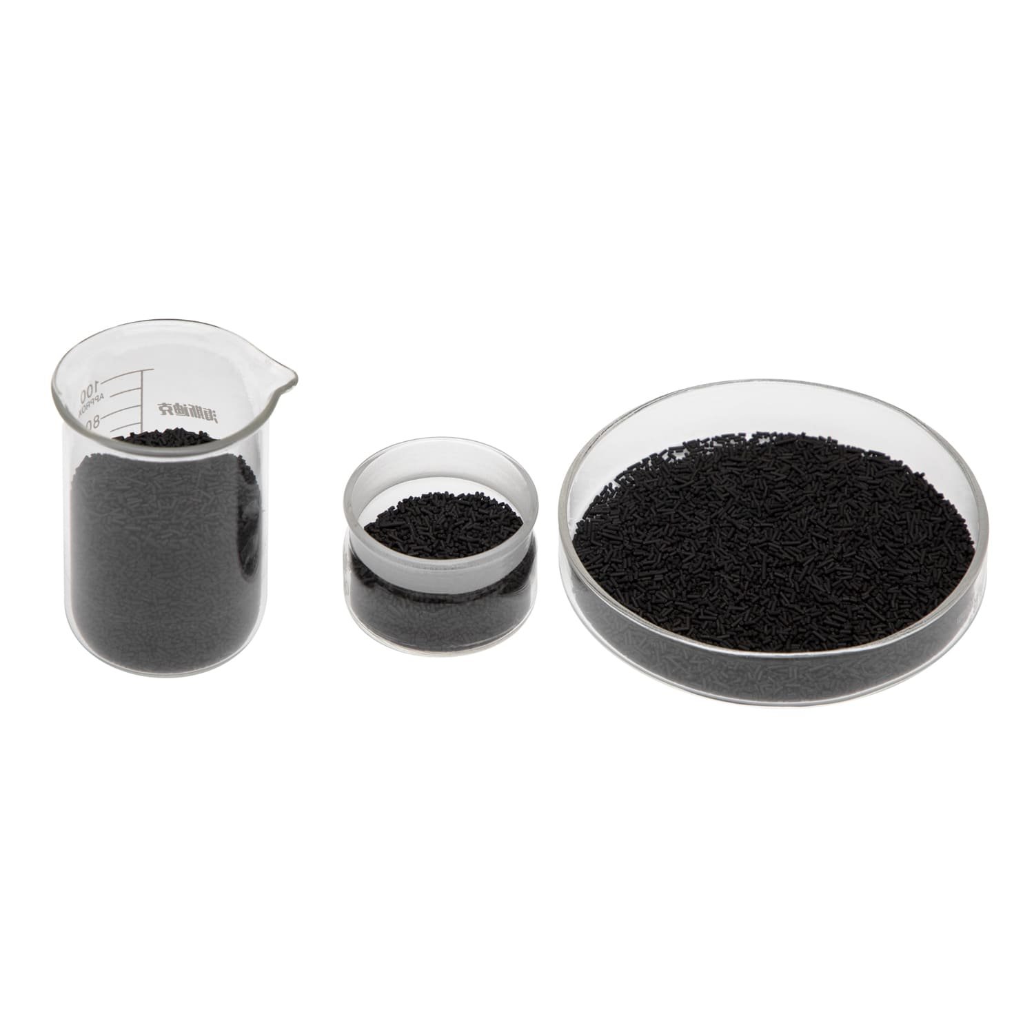 A close-up of black carbon molecular sieve pellets